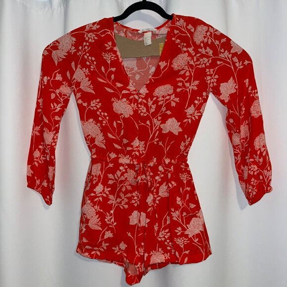H&M Red Floral Print Romper With V-Neck & Long Sleeves - Picture 1 of 8